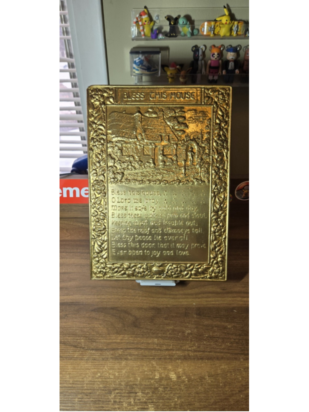 Vintage MCM Embossed Brass Bless This House Wall Plaque Cottage Scene
